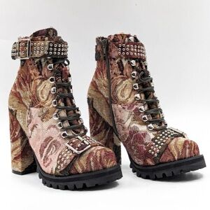 Jeffrey Campbell Lilith Block Heel Studded Floral Buckle Bootie Boots
